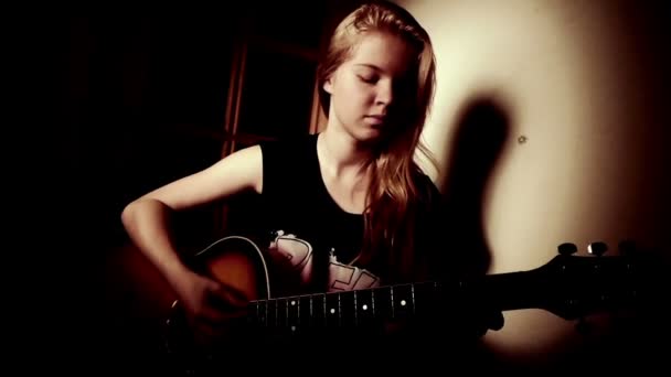 Teen Girl Playing Guitar At Home — Stock Video