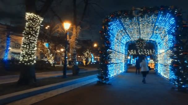 Noel arifesinde şehrin sokaklarında. — Stok video