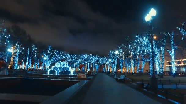 MOSCÚ, RUSIA - 24 DE DICIEMBRE DE 2015: Las calles de la ciudad en vísperas de Navidad. Conjunto de luces navideñas, guirnaldas , — Vídeo de stock