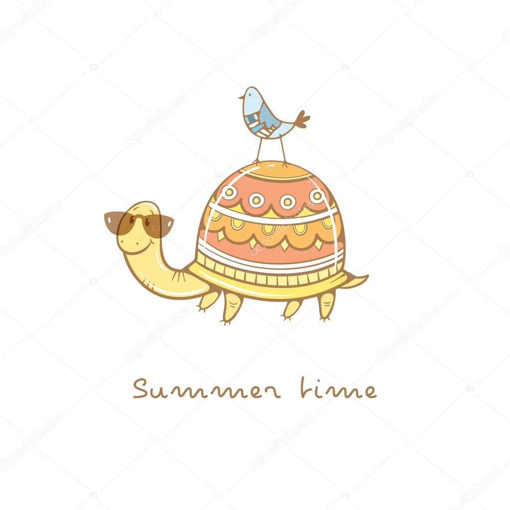 Scheda con tartaruga del fumetto sveglio in occhiali da sole e uccello Tempo d estate Illustrazione per bambini Animali divertenti Immagine colorata