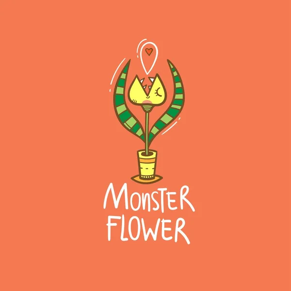 Card with Venus flytrap. Comic drawing of  predatory flower. Vector doodle colorful image.