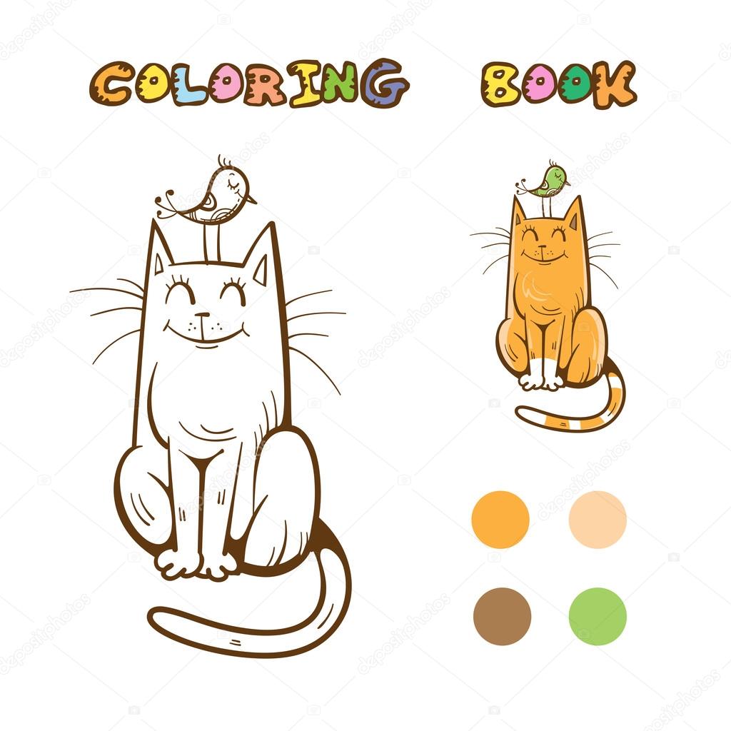 Libro da colorare con simpatico fumetto gatto e l uccello Immagine di vettore — Vettoriali di voron4ihina