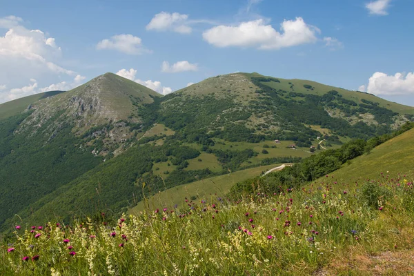 Yaz Mevsiminde Valsorda Nın Panoramik Manzarası Mavi Gökyüzü Umbria Talya — Stok fotoğraf