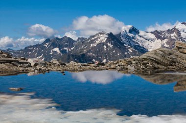 Monte Moro Geçidi 'nden Smeraldo Gölü' nün yanındaki Monte Rosa manzarası.