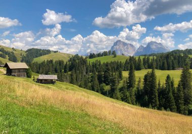 Yaz mevsiminde Dolomitlerin panoramik görüntüsü. Alpe di Siusi. UNESCO. İtalya