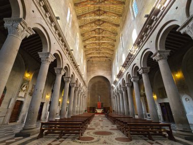 Viterbo Katedrali 'nin önemli Corinthian sütunları, açık kereste tavanı ve Cosmati zeminli Romanca iç mimarisi.