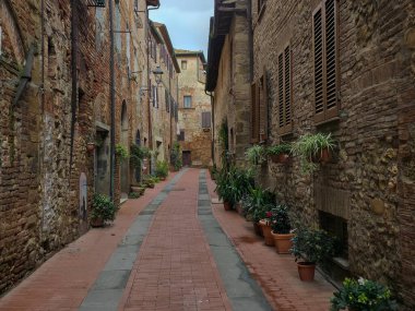 İtalya 'nın tarihi Toskana şehri Casole d' Elsa 'da, saksı bitkileriyle süslenmiş antik tuğla ve taş binalarla dolu, tuhaf, dar bir kaldırım taşı caddesi.