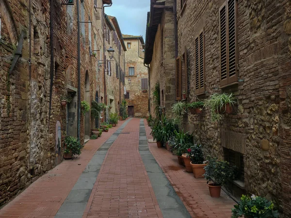 İtalya 'nın tarihi Toskana şehri Casole d' Elsa 'da, saksı bitkileriyle süslenmiş antik tuğla ve taş binalarla dolu, tuhaf, dar bir kaldırım taşı caddesi.