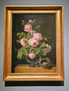 AMSTERDAM, NETHERLANDS - 10 HAZİRAN 2026: Jan Frans van Dael tarafından yapılan bu Hollanda natürmort resim, pembe güller, bir kelebek ve bir kuş yuvasının yer aldığı 