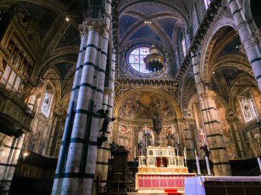 Duomo di Siena 'nın Gotik iç mimarisi süslü mermer sunaklar ve ortaçağ freskleri