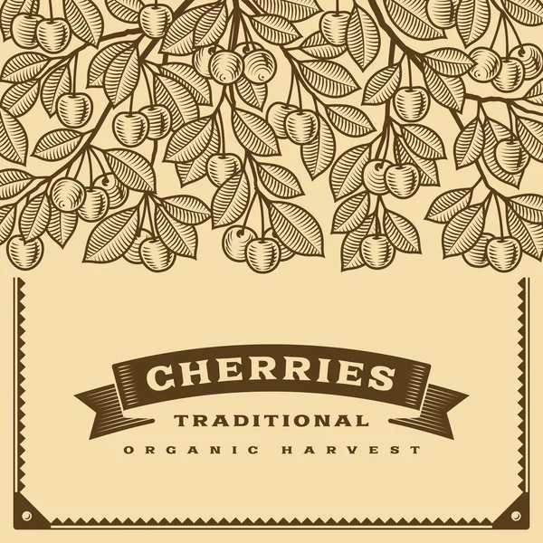 Cartão de colheita de cereja retro marrom — Vetor de Stock