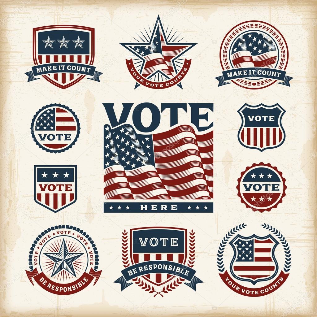 A set of vintage USA election labels and badges in woodcut style. Editable EPS10 vector illustration with clipping mask and transparency.