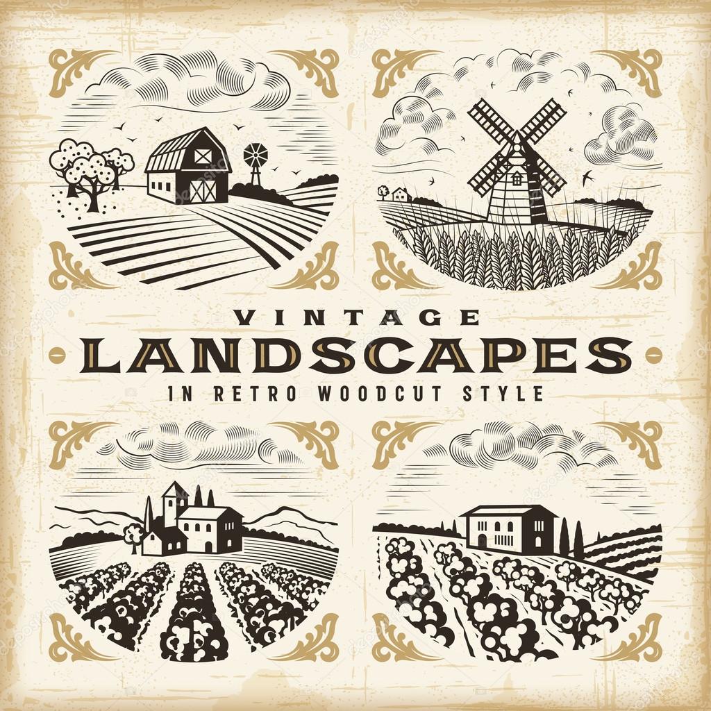A set of landscapes in retro woodcut style. Editable EPS10 vector illustration with clipping mask.