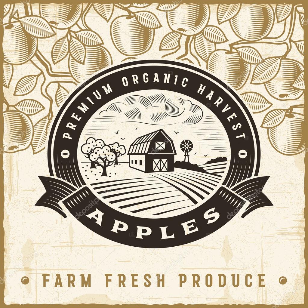 Vintage apple harvest label with landscape in woodcut style. Editable EPS10 vector illustration with clipping mask and transparency.