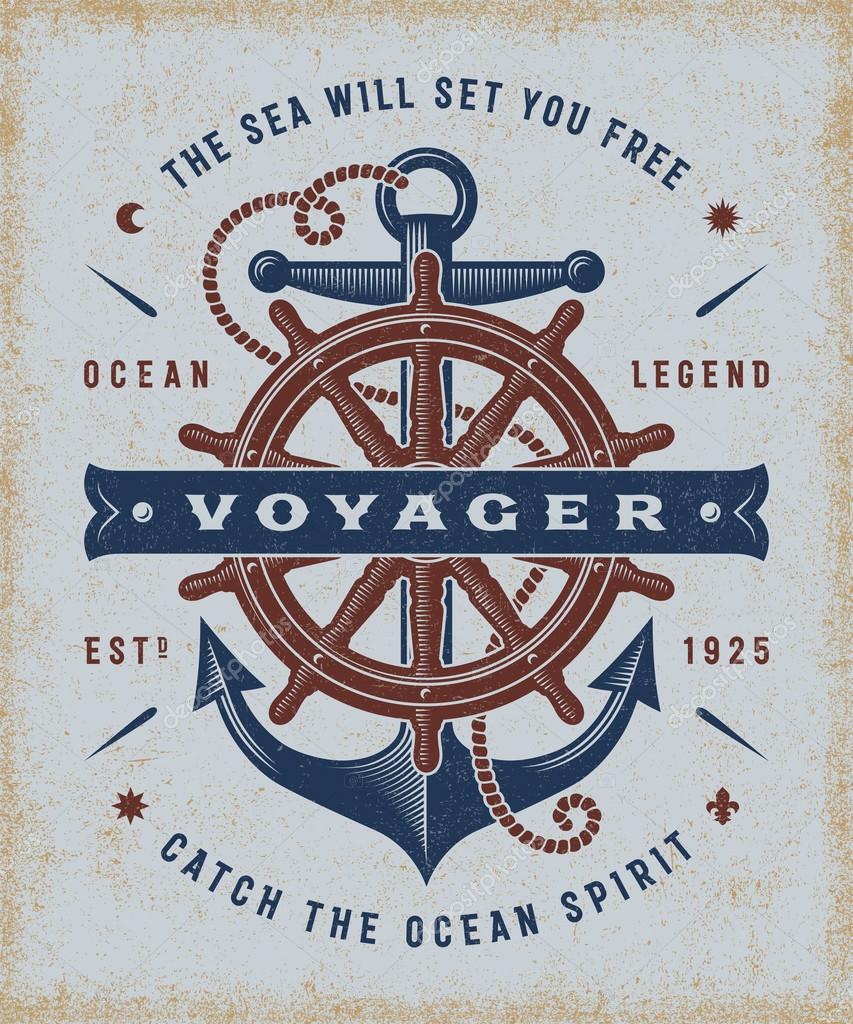 Vintage nautical voyager typography, t-shirt and label graphics with steering wheel and anchor. Editable EPS10 vector illustration in woodcut style.