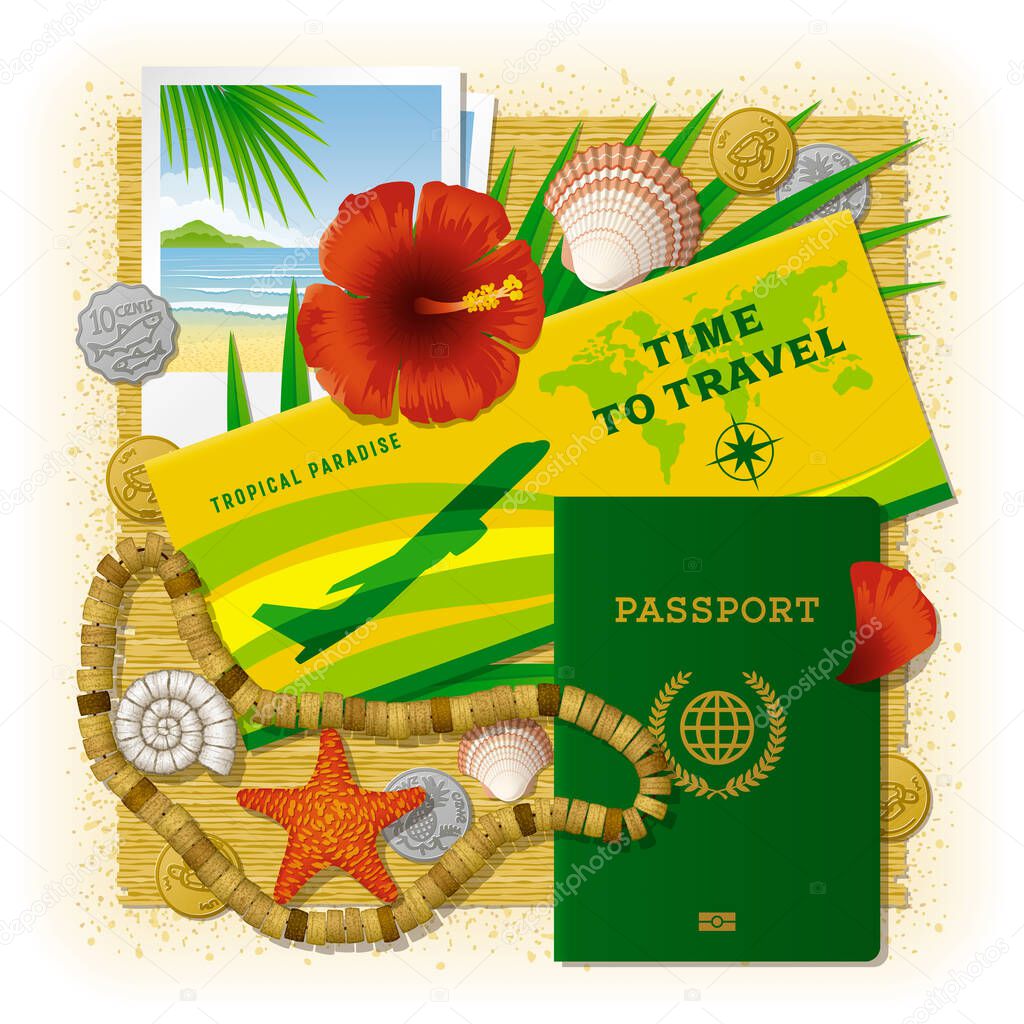 Time To Travel Concept. Vacation In Tropics. Travel concept with different tropical objects. Editable EPS10 vector illustration with clipping mask. Used gradient mesh and transparency.