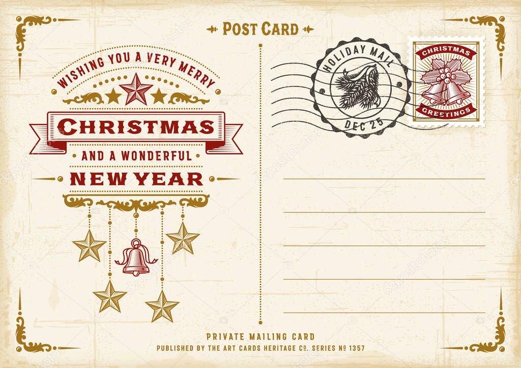 Vintage Christmas Typography Postcard. Editable EPS10 vector illustration in retro woodcut style with gradient mesh and transparency.