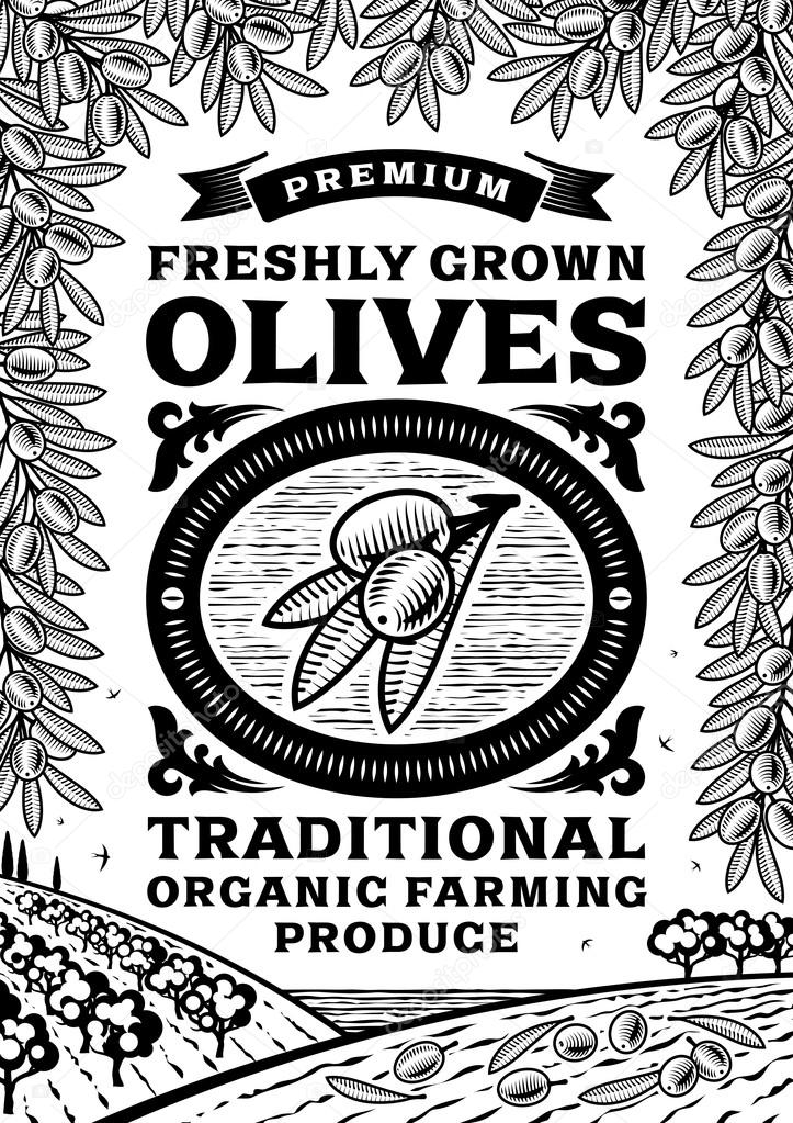 Retro olives poster black and white