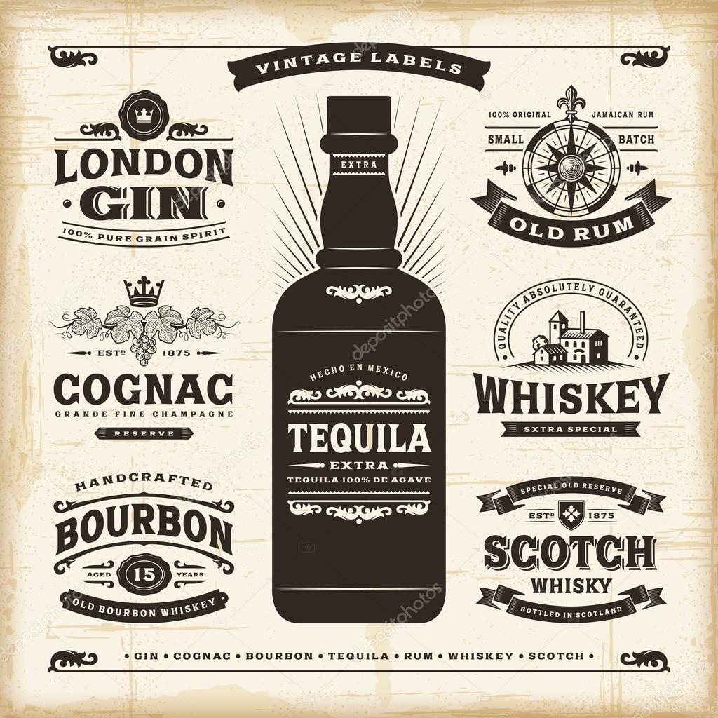 A set of fully editable vintage alcohol labels in woodcut style. EPS10 vector illustration.
