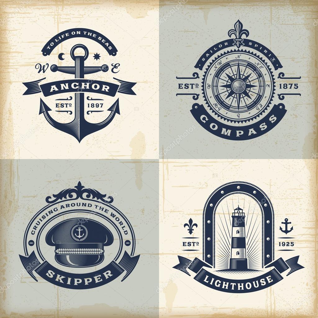 A set of fully editable vintage nautical labels in woodcut style. EPS10 vector illustration.
