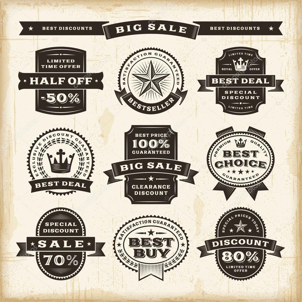 A set of fully editable vintage sale labels in woodcut style. EPS10 vector illustration. Use gradient mesh and transparency.