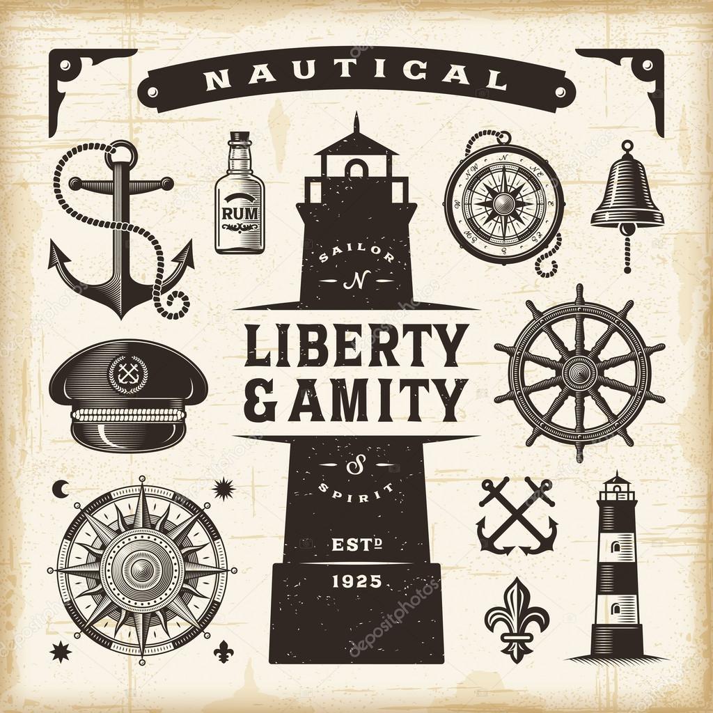 A set of fully editable vintage nautical objects in woodcut style. EPS10 vector illustration.
