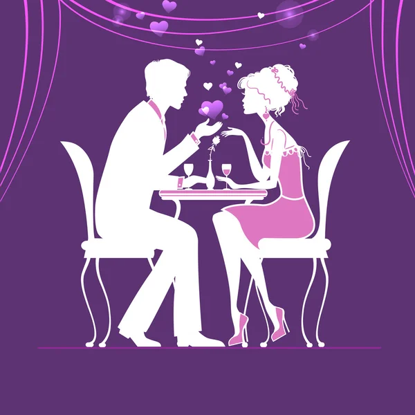 Pareja enamorada sentada en un café sobre fondo púrpura — Vector de stock
