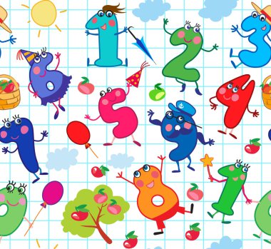 seamless pattern with  funny cartoon numbers on chekered sheet v clipart