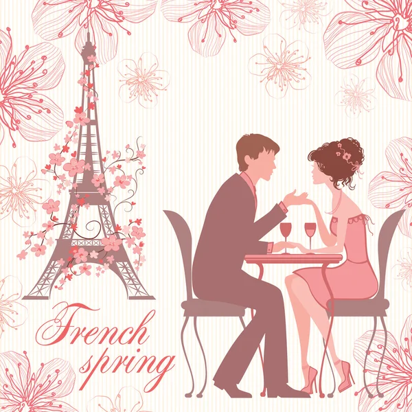 Bahar vektör çizim çift üzerinde kafe ile Fransız