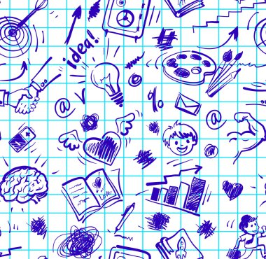 Komik iş ile Seamless Modeli doodles, hearts, noktalar ve