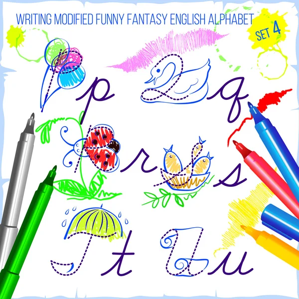 Escritura modificado divertido fantasía Inglés alfabeto vector ilustración conjunto 4 — Archivo Imágenes Vectoriales