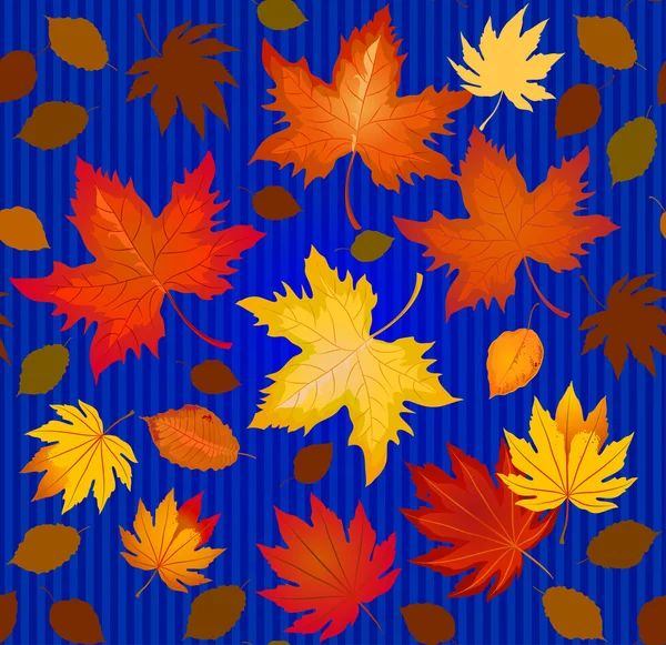 Seamless pattern composed from colorful autumn leaves on blue st — Stock Vector