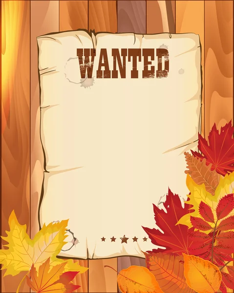 Quería un cartel vacío. papel sobre valla de madera con hojas de otoño. v) — Archivo Imágenes Vectoriales