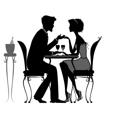 bir kafede otururken aşık genç bir çift. siyah ve beyaz silhoue