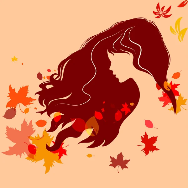 Bella silhouette ragazza con capelli volanti e foglie autunnali colorate. illustrazione dettagliata del vettore — Vettoriale Stock