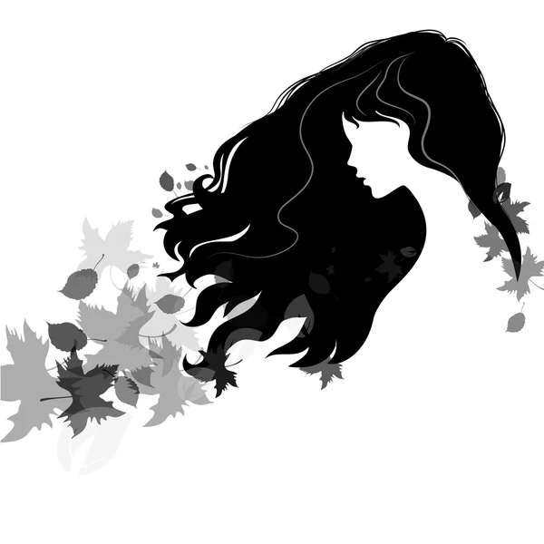 Uçan saç ve renkli sonbahar yaprakları ile güzel kız siluet. Detaylı vektör çizim — Stok Vektör