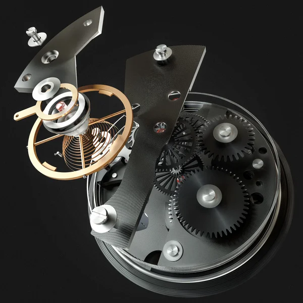 Mecanismo de reloj 3d sobre fondo negro. Alta resolución —  Fotos de Stock