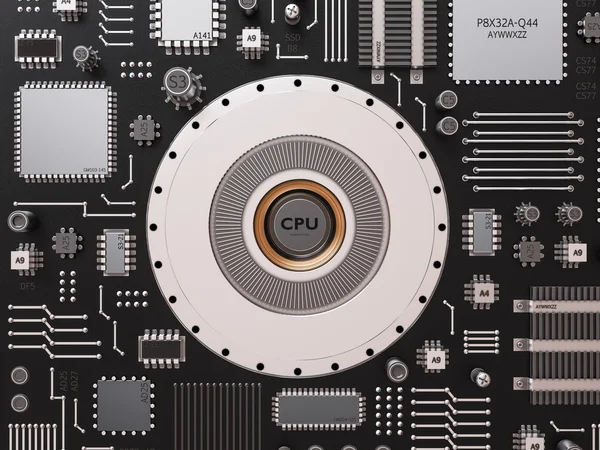 Processor microchip met elkaar verbonden ontvangen en verzenden van informatie. Concept van technologie en toekomst. — Stockfoto