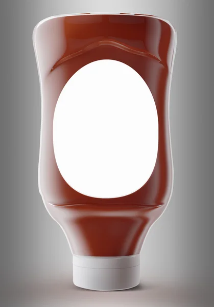 Sås, ketchup, senap eller någon flytande livsmedel produkten behållare på grå bakgrund. 3D illustration. — Stockfoto