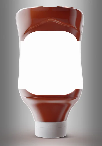 Sauce, ketchup, mustard or any liquid food product container on grey background. 3D illustration. — Stock Photo, Image