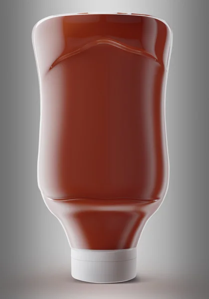 Salsa, salsa de tomate, mostaza o cualquier recipiente líquido para productos alimenticios sobre fondo gris. Ilustración 3D . — Foto de Stock