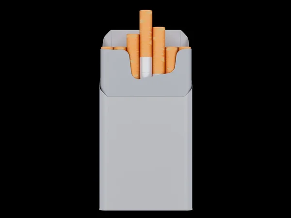 Paquete abierto de cigarrillos aislados sobre un fondo negro. Ilustración 3D — Foto de Stock