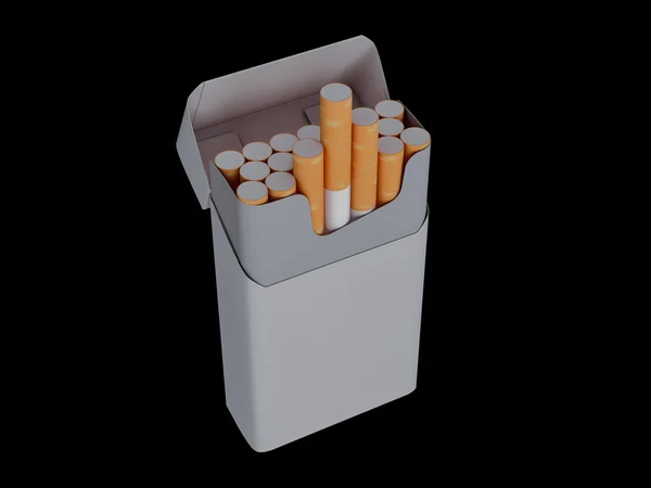 Pacote aberto de cigarros isolados em um fundo preto. Ilustração 3D — Fotografia de Stock