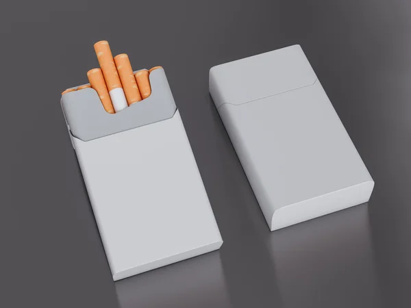 Geöffnete und geschlossene Zigarettenschachtel auf grauem Hintergrund. 3D-Darstellung — Stockfoto