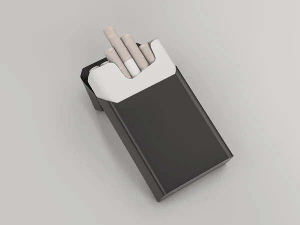 Pacchetto aperto di sigarette su sfondo grigio. Rendering 3D — Foto Stock