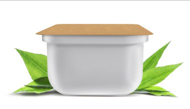 White plastic blank bank for food, oil, mayonnaise, margarine, cheese, ice cream, olives, pickles, sour cream with eco paper cover. Food and drink plastic blank. Template Ready For Your Design. Isolat