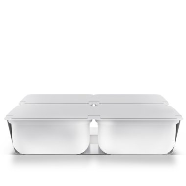 White plastic blank bank for food, oil, mayonnaise, margarine, cheese, ice cream, olives, pickles, sour cream with eco paper cover. Food and drink plastic blank. Template Ready For Your Design. Isolat