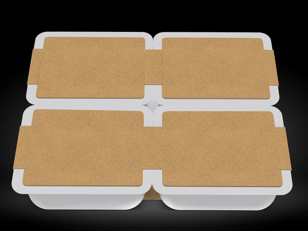 White plastic blank bank for food, oil, mayonnaise, margarine, cheese, ice cream, olives, pickles, sour cream with eco paper cover. Food and drink plastic blank. Template Ready For Your Design. Isolat — 图库照片