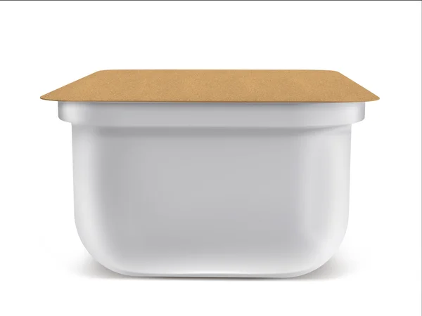 White plastic blank bank for food, oil, mayonnaise, margarine, cheese, ice cream, olives, pickles, sour cream with eco paper cover. Food and drink plastic blank. Template Ready For Your Design. Isolat — Stockfoto