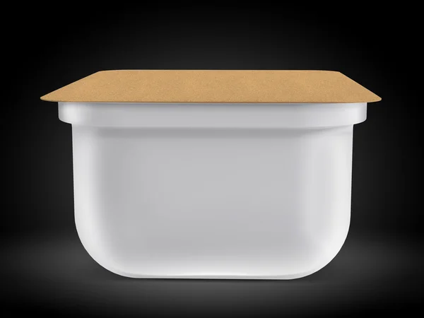 White plastic blank bank for food, oil, mayonnaise, margarine, cheese, ice cream, olives, pickles, sour cream with eco paper cover. Food and drink plastic blank. Template Ready For Your Design. Isolat — Zdjęcie stockowe